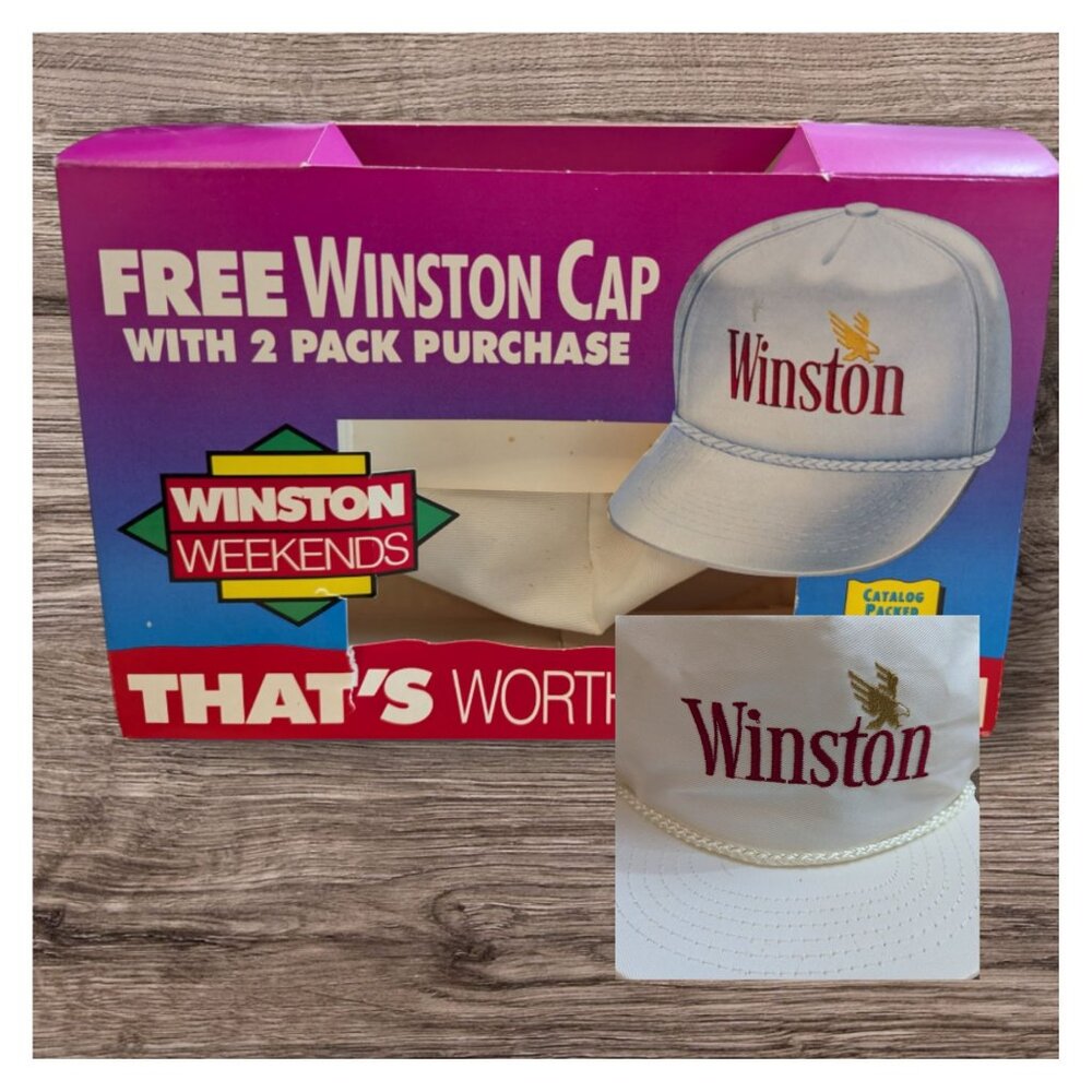 VTG Winston Cigarette white baseball cap rope front adjustable w/ org‎ box